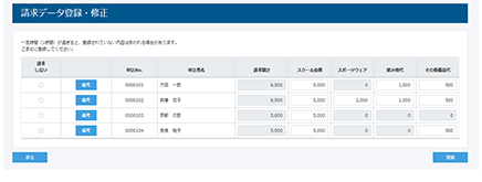 オンライン集金管理ツール「あつ丸」の集金データ修正画面